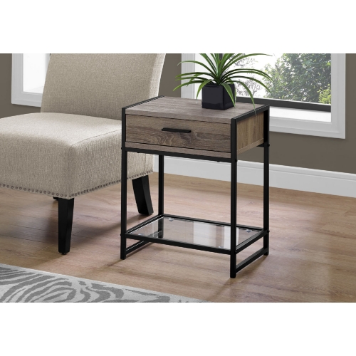 22"H Accent Table in Dark Taupe, Black & Tempered Glass